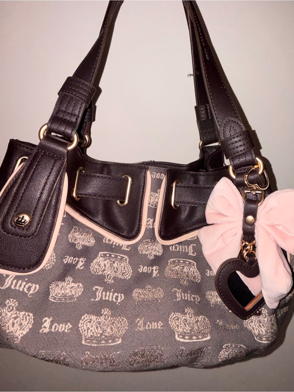 Juicy Couture Brown Logo Shoulder Bag with Pink Bow Charm